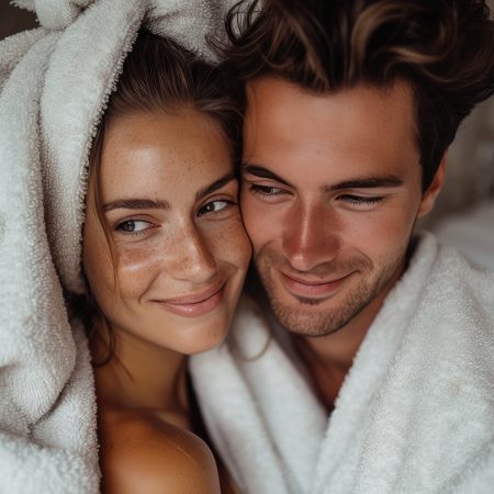 couple with a white fluffy cotton robe, hair wrapped in a towel